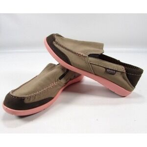 Crocs Walu Women's Canvas Loafer Size 7  Brown / Pink Slip‎ on Boat Deck Shoes